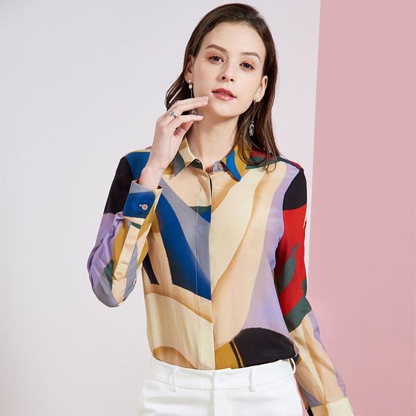 

women's blouses & shirts 100%real silk boulses for women 2021 summer rainbow floral office long sleeve casual boho plus si, White