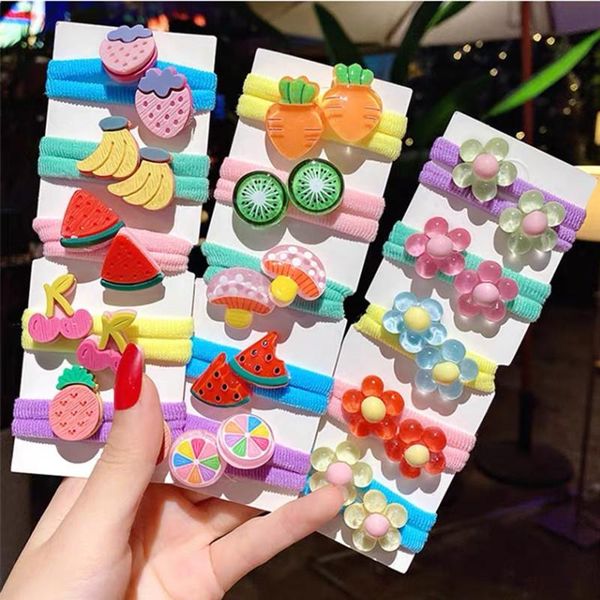 

10pcs/set cute cartoon flower fruit hairties for girls ponytail holder headband hair rubber bands fashion accessories, Slivery;white