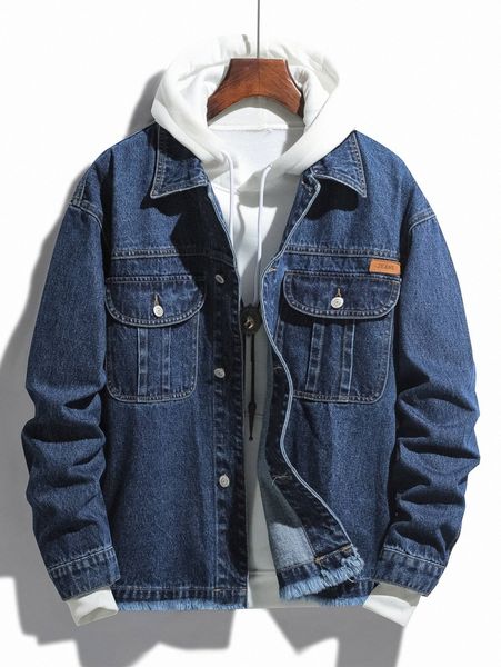 

men flap pocket raw hem denim jacket without hoodie v4dl#, Blue
