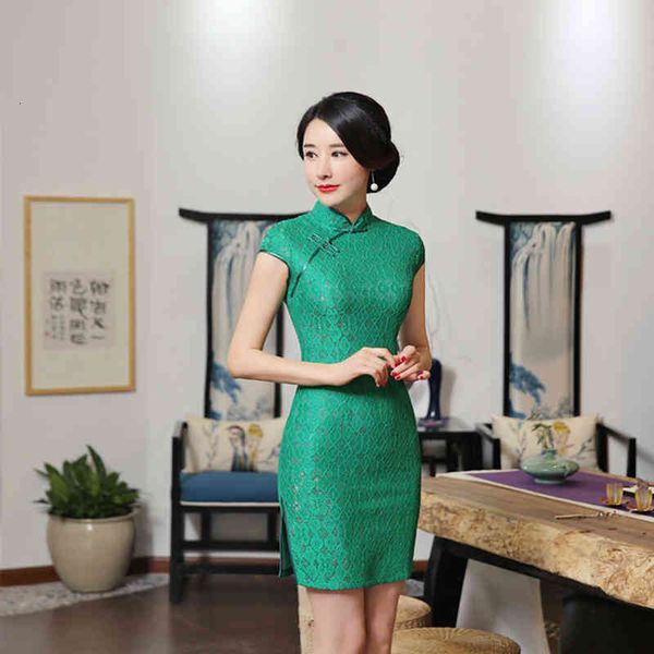 

ethnic clothing nightclub cheongsam costume technician overalls green lace short qipao dress elegant wild stand-up collar fj1s, Red