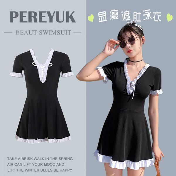 

style korean skirt version one-piece ins2021 new women's slim and cover belly conservative short sleeve swimsu, White;black