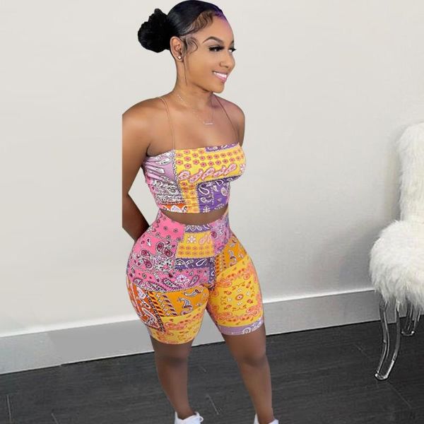 

women's tracksuits bandanna paisley women beach 2 pieces shorts outfit printed straps tube backless crop casual tight straight trousers, Gray
