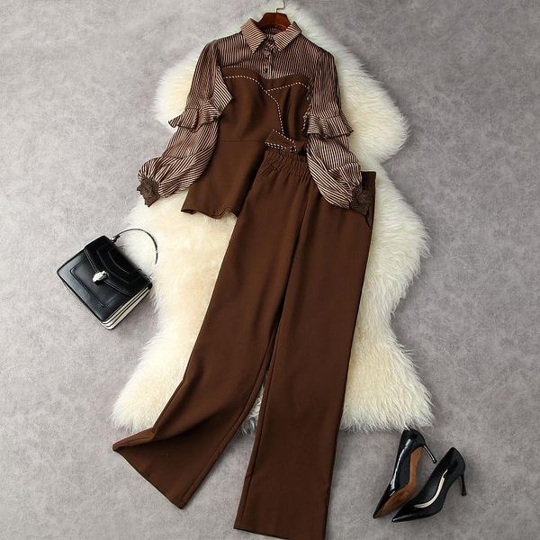 

women's two piece pants european and american autumn 2021 long sleeve striped patchwork flounced shirt trousers fashion suits, White