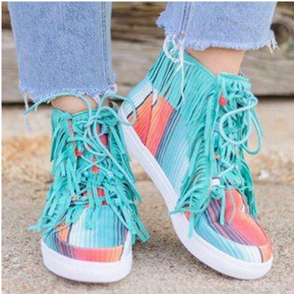 

boots women rainbow tassel ankle women's lace up flats ladies 2021 woman leopard western cowboy female shoes plus size, Black