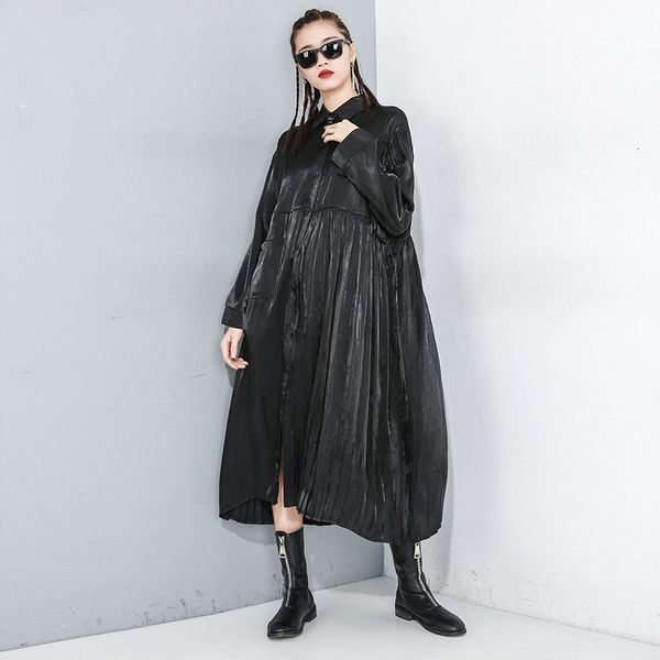 

[eam] women black pleated split big size shirt dress new lapel long sleeve loose fit fashion tide spring autumn 1r169 200928, Black;gray