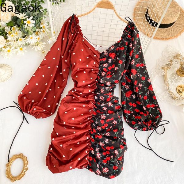 

casual dresses gagaok women high street dress spring autumn a-line lantern sleeve empire print slim mini fashion ladies korean, Black;gray