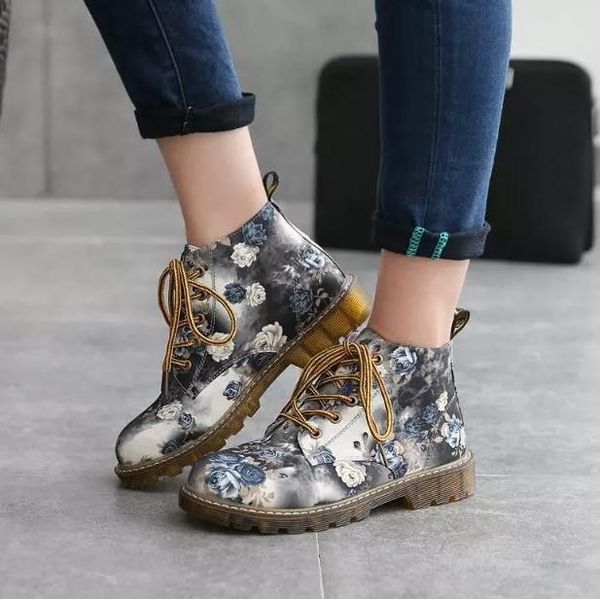 

boots autumn women ankle low heels flower flats casual shoes woman oxfords lace-up motorcycle booties plus size 40, Black