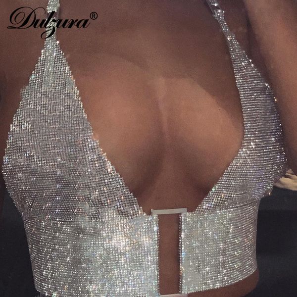 

summer 2019 dulzura spring women crop tanks backless sequin sparkle bling hollow out clothes festival streetwear club, White