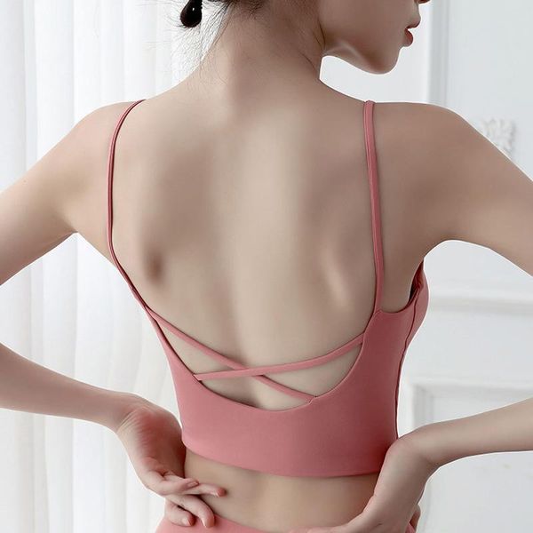 

women cross open back yoga vest sports running fitness bra shockproof gathered underwear crop outfit