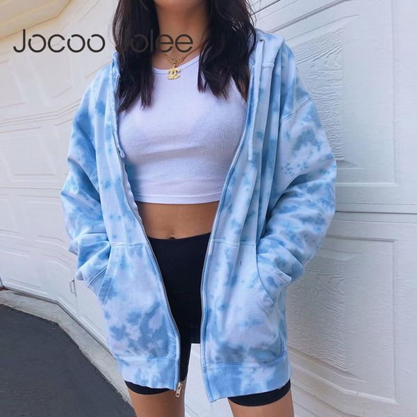 

women autumn casual tie dye hoodies long sleeve hooded zipper jackets for pockets loose sweatshirt streetwear 210428, Black