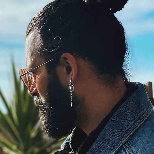 

hoop & huggie men earring, triangle cone spike long chain stainless steel double connected chains, hoops earring mens jewelry, Golden;silver