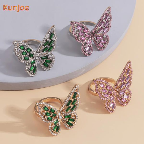 

kunjoe simple exquisite full rhinestone butterfly ring luxury cubic zirconia fancy finger cuff rings for women wedding jewelry, Slivery;golden