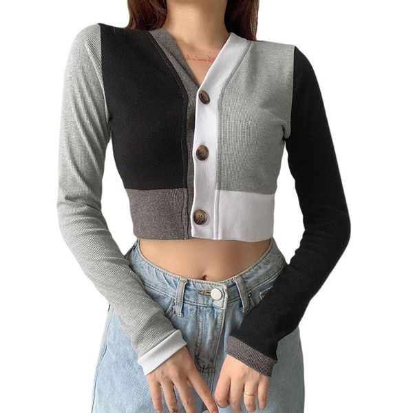 

women's t-shirt my rib knit crop v neck long sleeve color block button down shirt women camisetas feminino, White