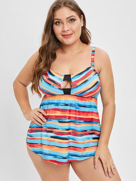 

one-piece suits plus size padded striped tankini with cutout women two piece swimsuit summer bathing high waist