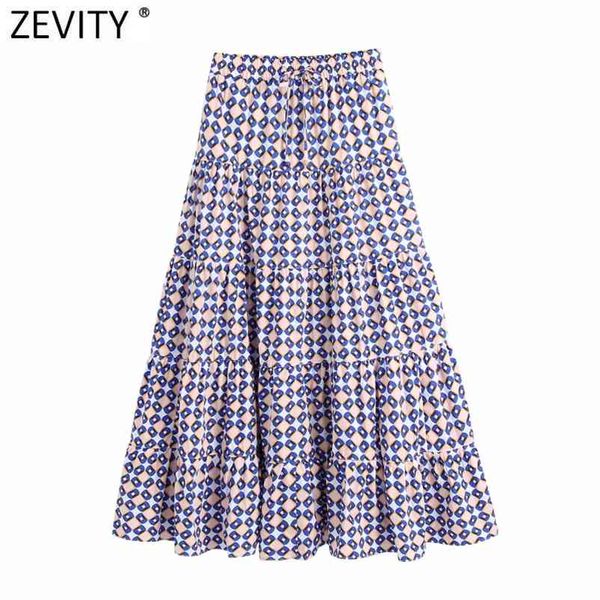 

zevity women vintage geometric print pleats casual midi skirt faldas mujer female elastic waist pockets a line vestidos qun792 210724, Black