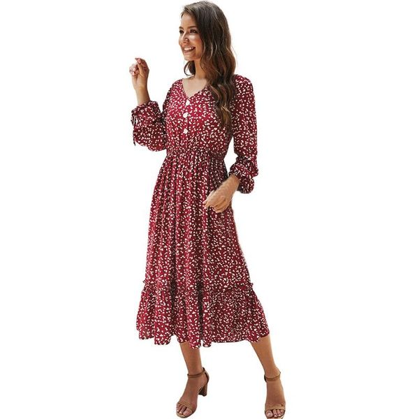 

printing dress for women fashion autumn winter v-neck knee length long sleeve dresses elegant button waist sundress sukienki casual, Black;gray