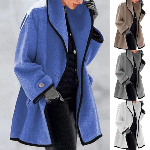 

women's wool & blends autumn winter overcoat long sleeve patchwork color casual chic outerwear turndown collar loose ladies coat 2021 o, Black