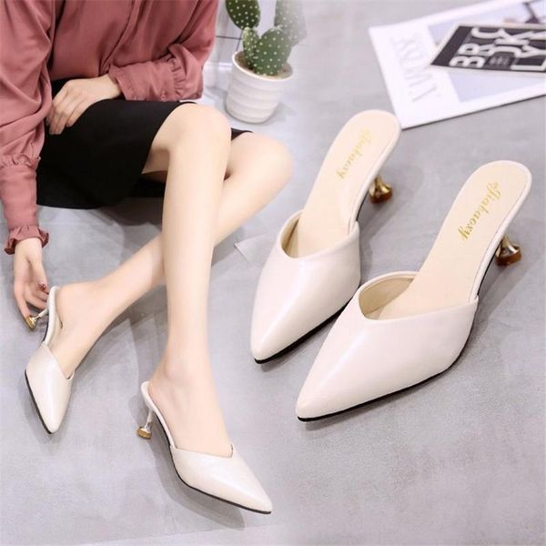 

women's shoes 2021 summer korean version of the word baotou pointed shallow mouth stiletto high heel sandals slippers, Black