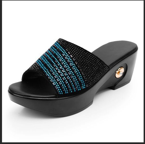 

slippers women slipper's 2021 ladies summer shoes high heels fashion rhinestone wedges genuine leather, Black