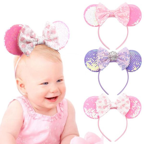 

hair accessories 5pcs/lot 2021 arrival sequins mouse ears headband glitter bows for girls festival kids party hairband, Slivery;white