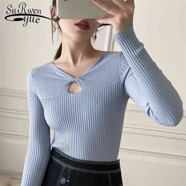 Sweater Sexy Mulheres Primavera Outono V-Neck de V-Neck Hollow Slim Sólido Winter Escritório Lady Chic Roupas Coreanas 210510