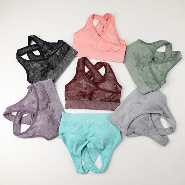 

yoga outfit women camouflage seamless fitness cross padded sport push up bra tank back gym clothing crop workout athletic