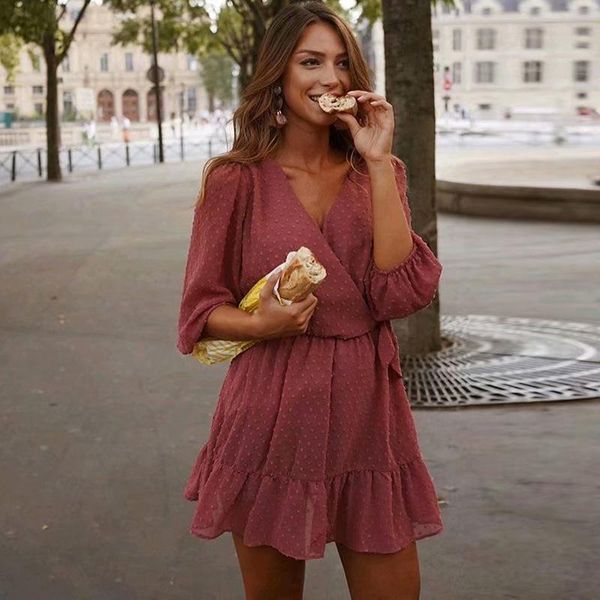 

casual dresses summer women ruffles lace polka dot chiffon dress v-neck long sleeve boho mini beach office lady elegant clothes, Black;gray