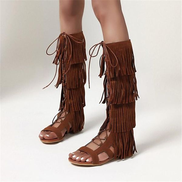 

rome women glaldiator sandals knee high boots 2021 summer tassel cross tied shoes lady low heels faux suede large size, Black