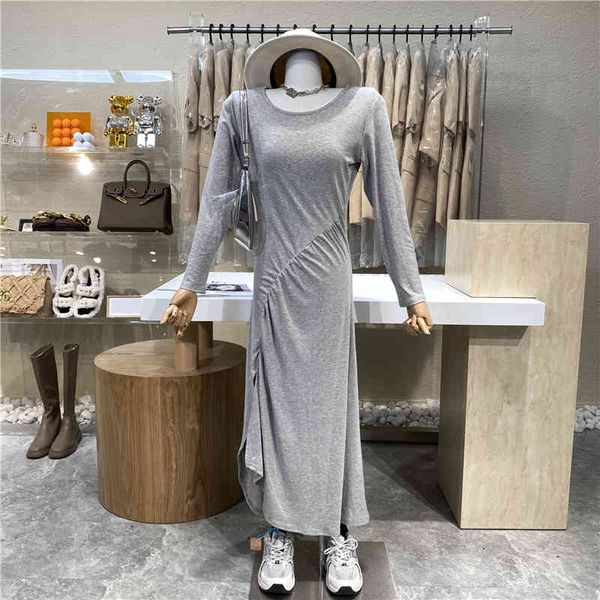 

soft niche design of air folding lateral fork skirt hip stylish fan goddess thin long-sleeved dress, Black;gray
