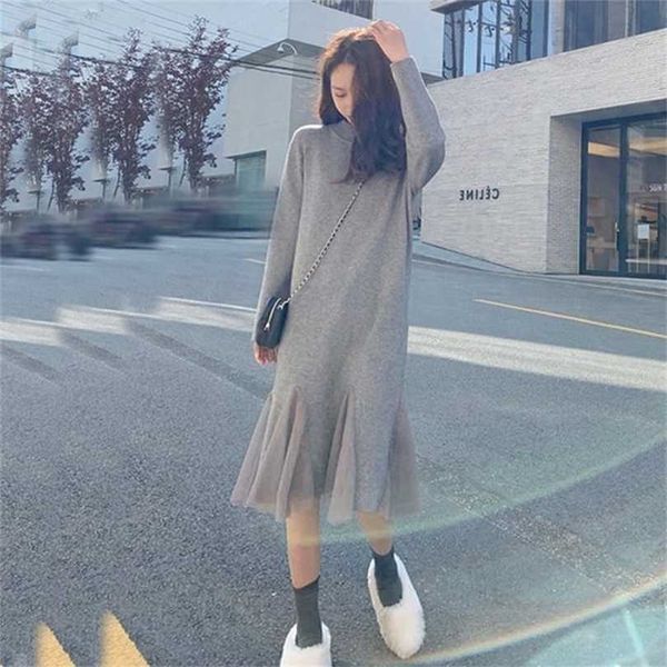 

women casual maxi dress autumn knitting party loose sweater long es plus size 211109, Black;gray