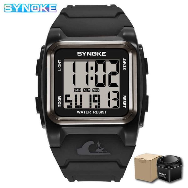 Synoking Big Numbers Homens Mulheres Sport Watch Multifunction Alarme 5BAR À Prova D 'Água LED Square Relógios Relógios Reloj Hombre + Box 2021 Novo G1022