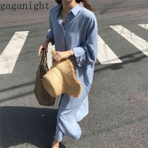 

gaganight office lady blue white long shirt dress single breasted long sleeve causal loose women dresses korean fashion vestido 210519, Black;gray