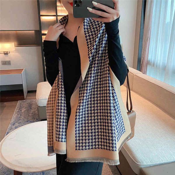 

shawl scarf qianniao lattice women's autumn and winter korean version versatile long warm imitation cashmere dual-purpose foreign style, Blue;gray