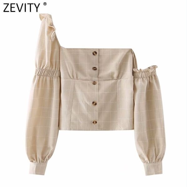 

zevity women vintage asymmetrical puff sleeve elastic smock blouse lady plaid print breasted shirts chic blusas ls7624 210419, White