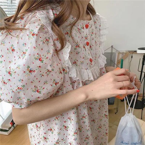 

cotton set 2 pieces floral womens sleepwears print pajamas korean cute lace room wear pyjamas red love buttons, Black;red