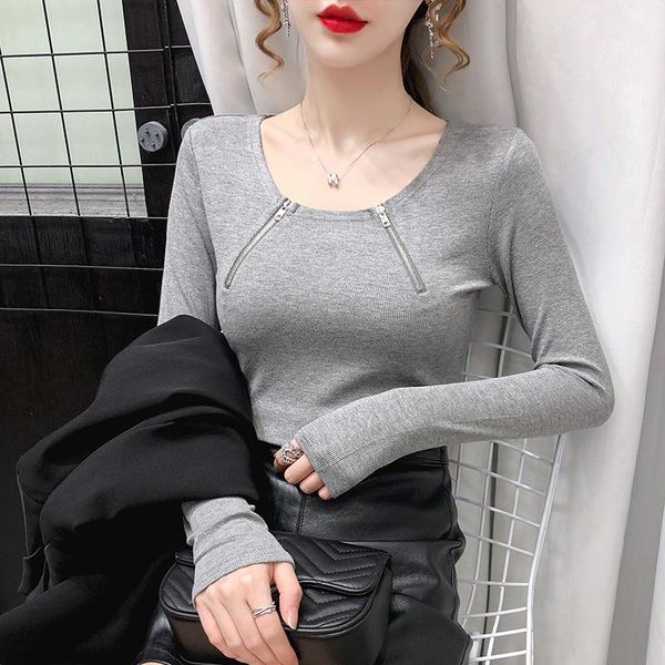 

women's t-shirt #5648black grey green casual t shirt women zipper woman long sleeve cotton korean style slim knitted spring, White