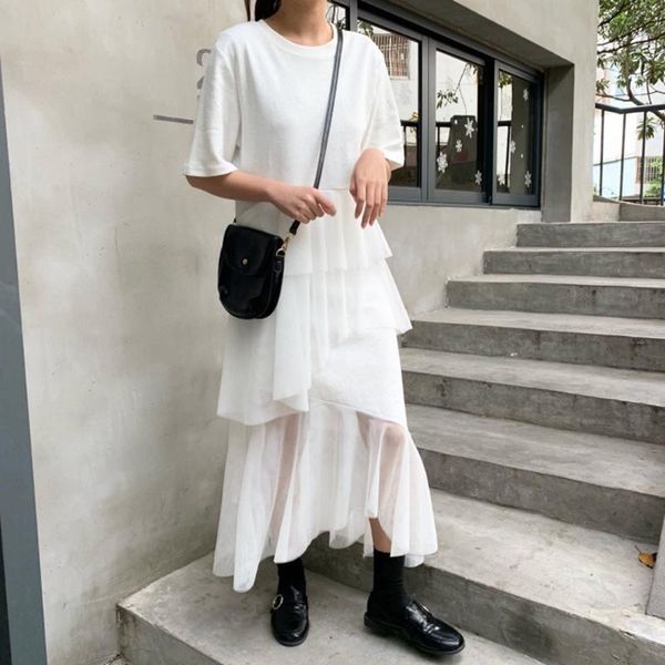 

casual dresses women lady fashion short sleeve patchwork mesh hem long dress multi-layer loose fit maxi, Black;gray