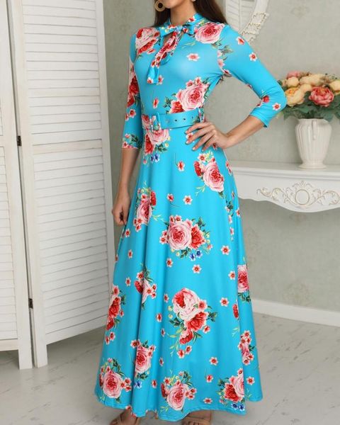 

casual dresses floral print tied neck belted maxi dress, Black;gray