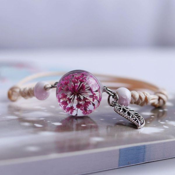 

beaded, strands glass ball handmade bracelet female dried flowers plant for women sliver plated leaves pendant bracelets accessorice, Black