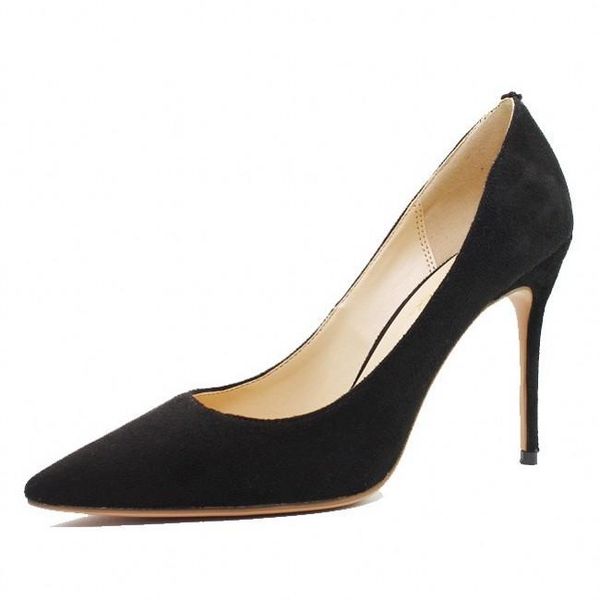 

elegant cow suede leather women pumps high heels red wedding shoes pointed toe party big size c030a dress, Black