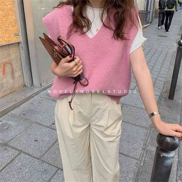 

v neck girls pullover vest sweater autumn winter pink knitted women sweaters sleeveless warm sweater casual oversize 210909, Black;white