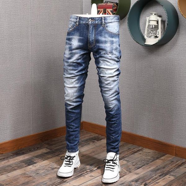 

men's jeans italian brand vintage fashion men retro blue slim fit ripped streetwear painted designer hip hop denim pants