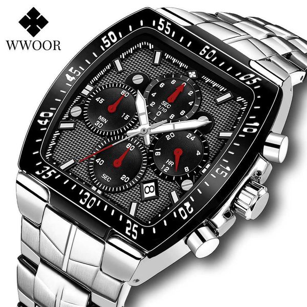 WWOOR Sport Quarzuhren Männer Luxus Quadrat Edelstahl Armbanduhr Militärische Wasserdichte Chronograph Uhren Hombre 210527
