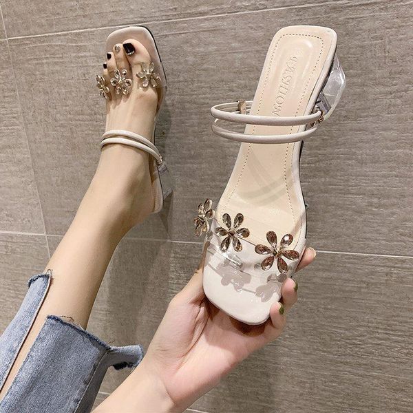 

shoes women med flower female slippers slides fashion heeled mules jelly flip flops square heel soft 2021 summer luxury high gl, Black