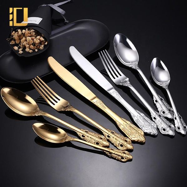 

dinnerware sets 24pcs baroque style royal cutlery set gold luxury stainless steel knife fork spoon tableware for dishwasher safe