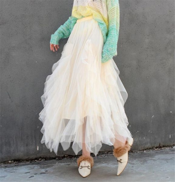 

skirts women irregular tulle skirts fashion elastic high waist layered mesh tutu pleated pink long skirt female saias jupe femmle, Black