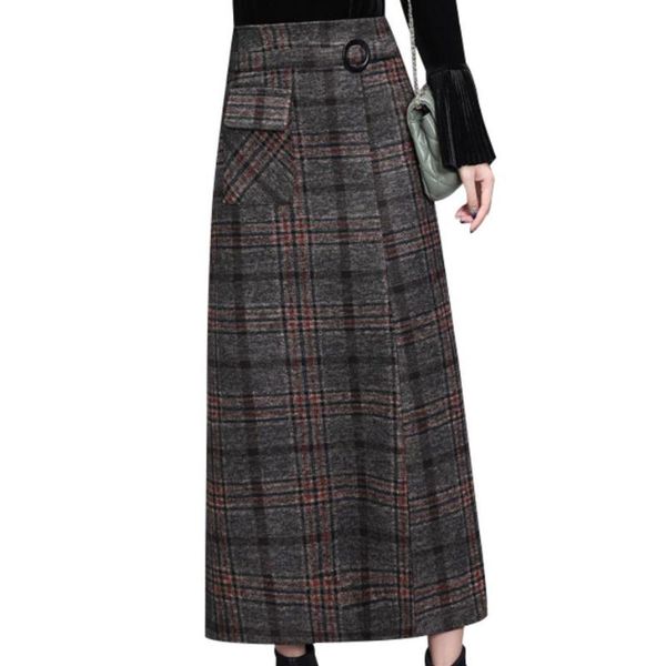 

skirts high waist plaid woolen skirt women for winter 2021 package hip split midi a-line, Black