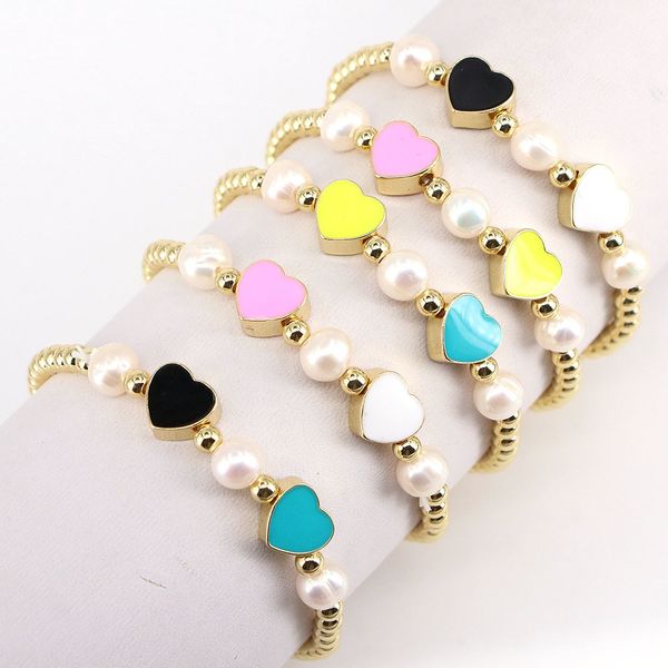 

5pcs 2021 bracelet with enamel heart charm, beaded stretch charm stack of gold bracelets, gifts, Golden;silver