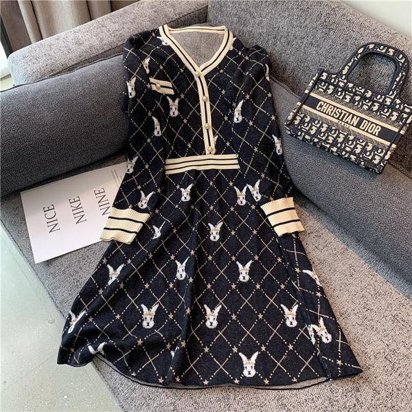 

casual dresses knitting dress female autumn winter women elegant v neck thick plaid midi 20300#, Black;gray