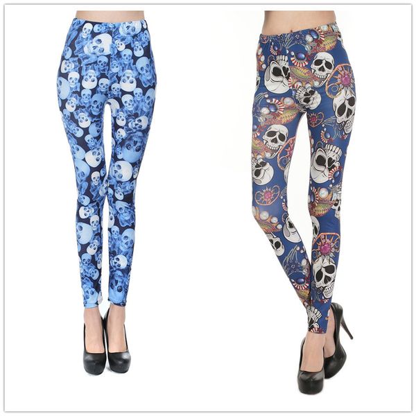 

leggings fashion 9261 blue red skull style milk silk print capris, Black